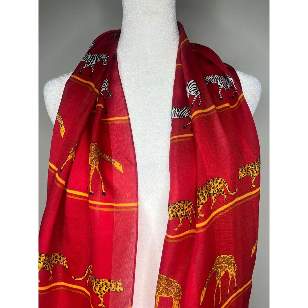 Vintage Red Safari Scarf Zebra Leopard Giraffe Sheer Rectangle Wrap Shawl Africa